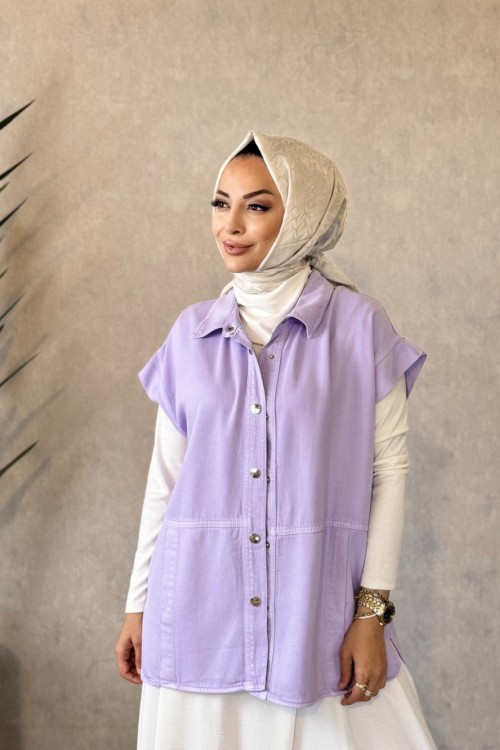 7441 Tencel Ön Dikişli Ve Cepli Yelek Lila