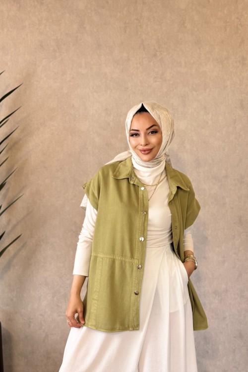 7441 Tencel Ön Dikişli Ve Cepli Yelek Yeşil