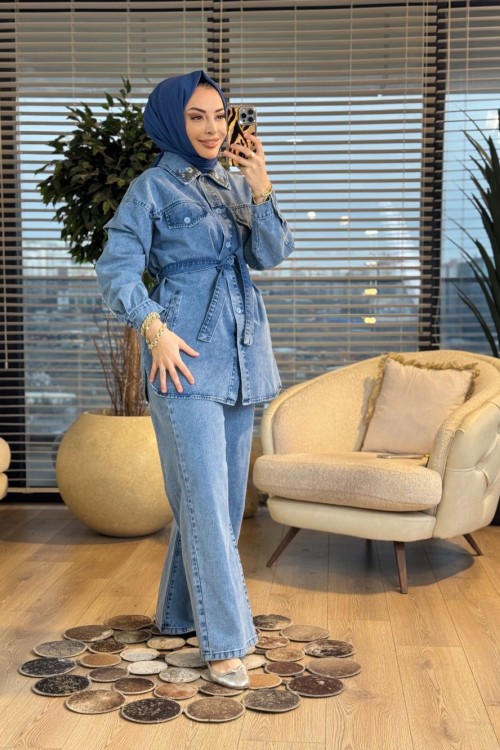 7445 Kot Ön Cepli Yakası Çiçek Nakışlı Takım Mavi
