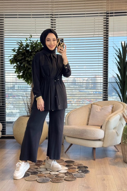 7459 Cepli Beli Büzgülü Takım Siyah