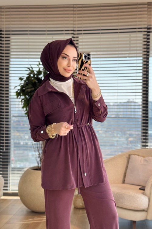 7459 Cepli Beli Büzgülü Takım Bordo