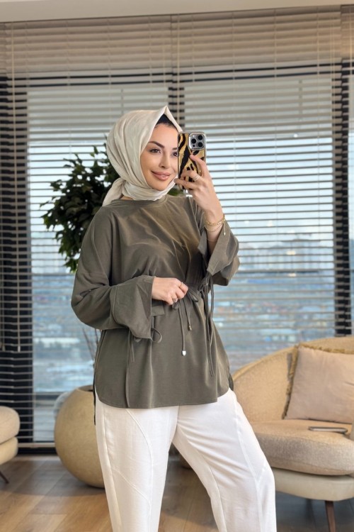 7465 Oysho Kolları Bağcıklı Tunik Haki