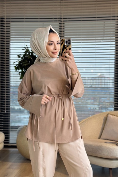 7465 Oysho Kolları Bağcıklı Tunik Bej