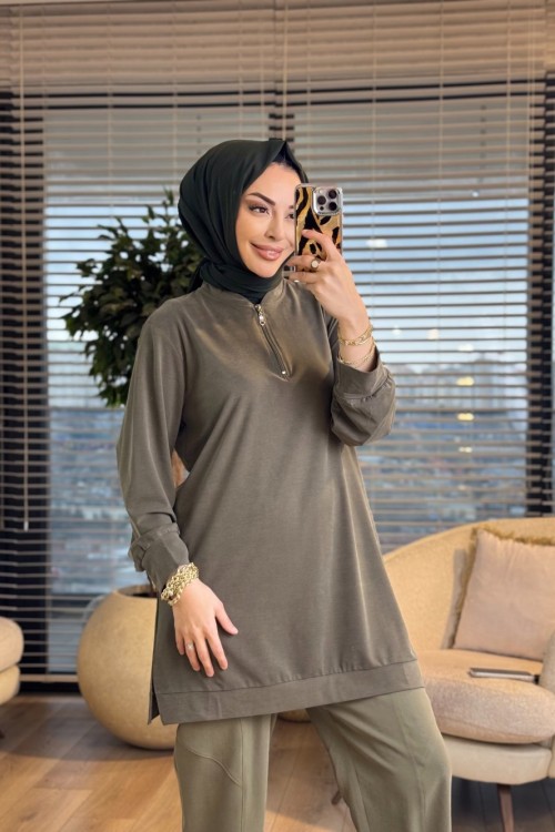 7474 Oysho Patı Fermuarlı Tunik Haki