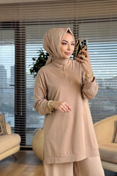 7474 Oysho Patı Fermuarlı Tunik Bej