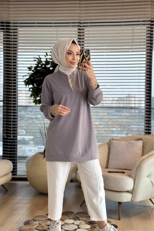 7474 Oysho Patı Fermuarlı Tunik Gri