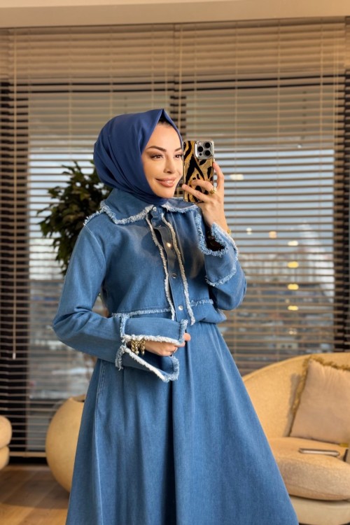 7475 Tencel Saçak Detaylı Etekli Takım Mavi