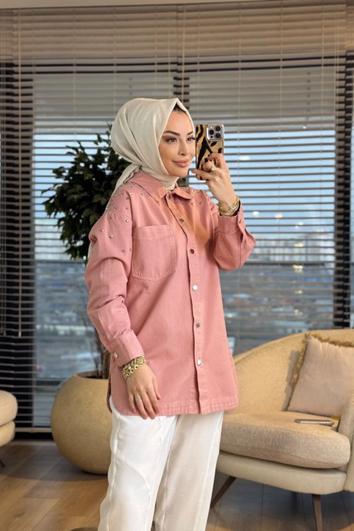 7486 Omuz Zımba Yıldız Detaylı Kot Ceket Gül
