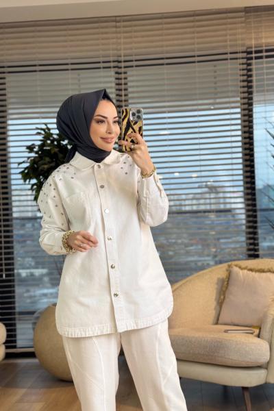 7486 Omuz Zımba Yıldız Detaylı Kot Ceket Ekru