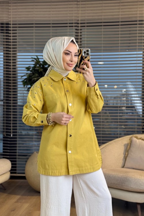 7486 Omuz Zımba Yıldız Detaylı Kot Ceket Sarı