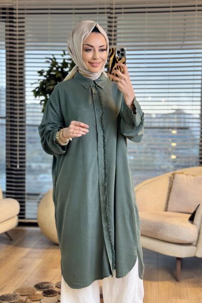 7495 Tencel Patı Ve Kolu Saçak Detaylı Uzun Tunik Haki