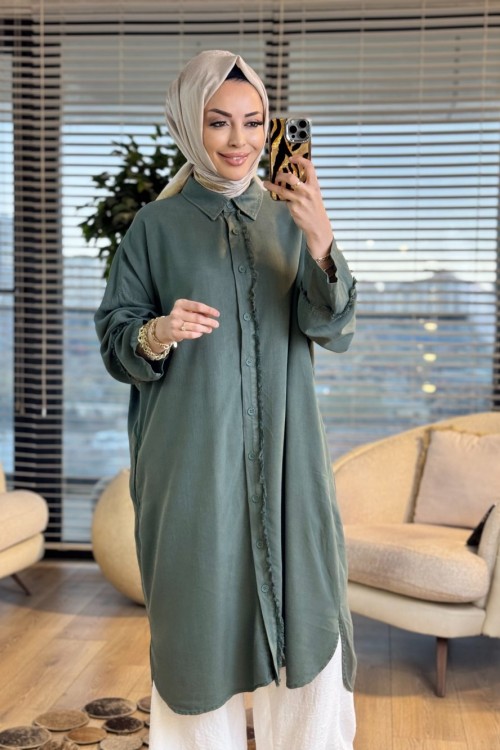 7495 Tencel Patı Ve Kolu Saçak Detaylı Uzun Tunik Haki