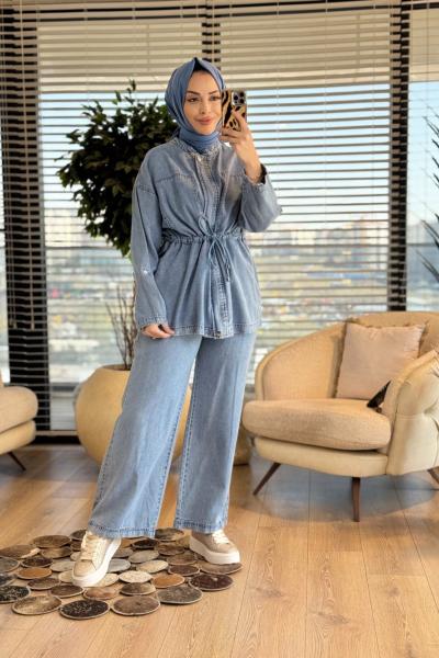 7498 Kot Ön Parça Dikiş Detay Bağcıklı Takım Açık Mavi