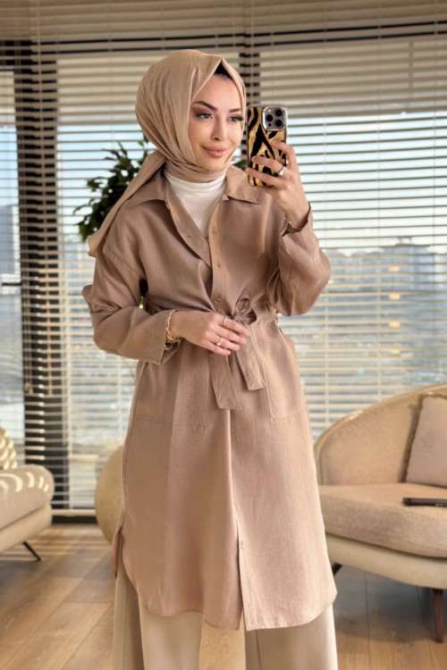 7501 Ön Düğmeli Kuşaklı Uzun Tunik Bej
