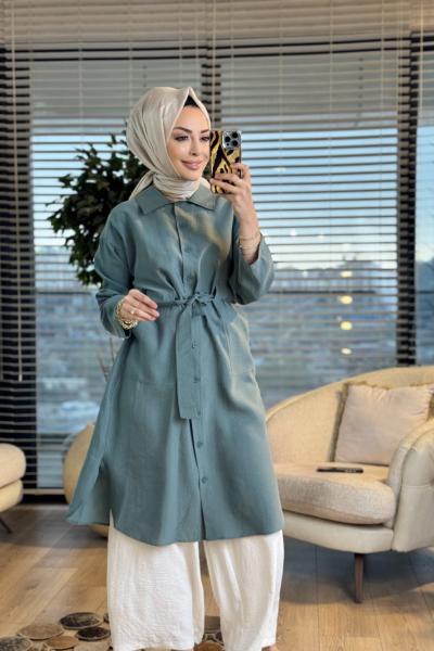 7501 Ön Düğmeli Kuşaklı Uzun Tunik Haki