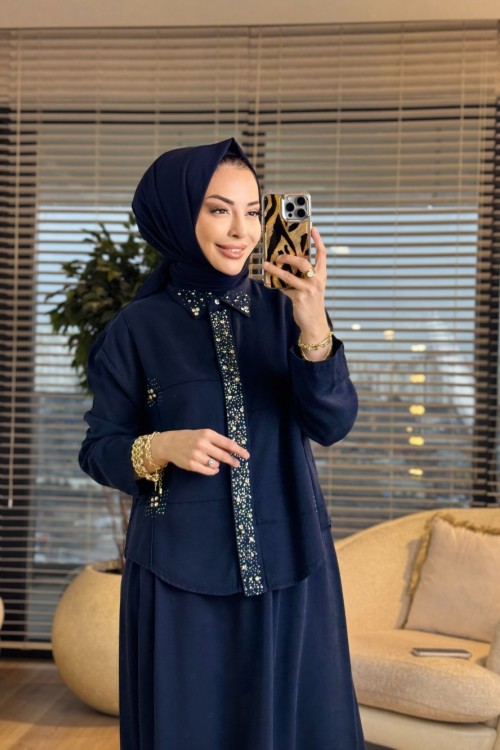 7502 Patı Yakası Taşlı Kot Etekli Takım Lacivert
