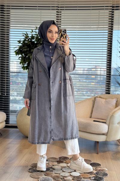 7503 Altı Düğmeli Apoletli Kot Trenç Gri