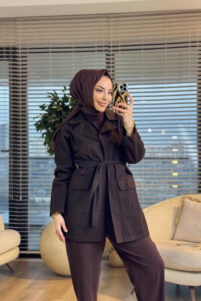 7507 Şal Dügmesiz Kot Trenç Kahve