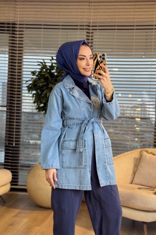 7507 Şal Dügmesiz Kot Trenç Koyu Açık Mavi