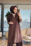 7509 Tencel Ön Düğmeli Cep Kapaklı Uzun Tunik Kahve