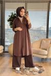 7509 Tencel Ön Düğmeli Cep Kapaklı Uzun Tunik Kahve