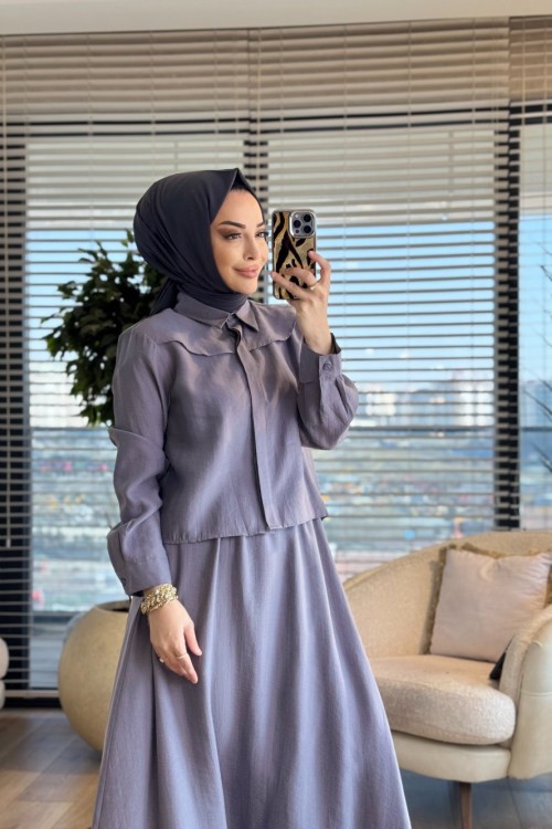 7510 Omzu Parçalı Etekli Takım Gri