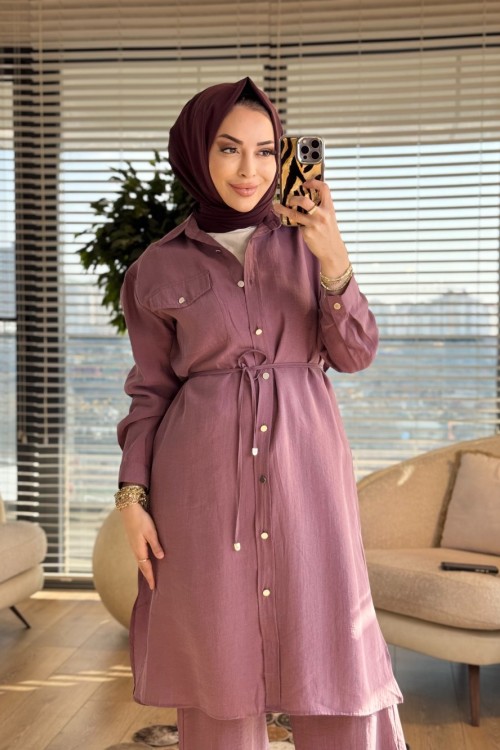 7513 Uzun Tunik Tek Cepli Takım Gül