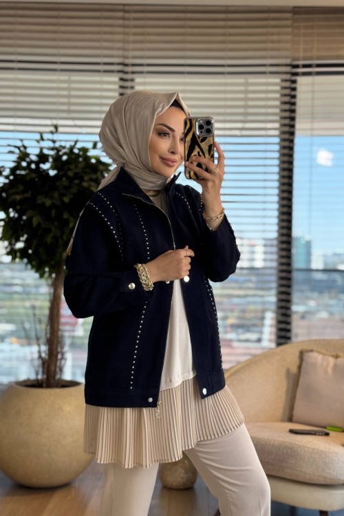 7519 Önü Zımbalı Kot Ceket Lacivert