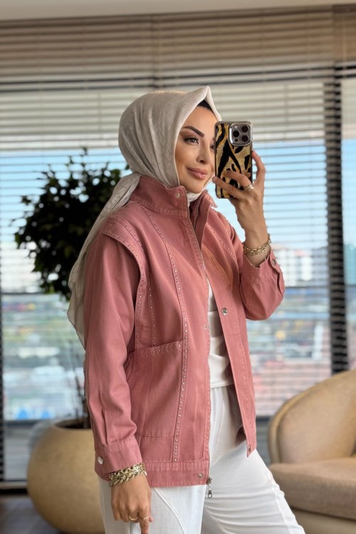 7519 Önü Zımbalı Kot Ceket Pembe
