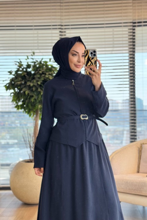 7520 Ön Fermuarlı Kemerli Etekli Takım Lacivert