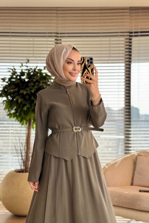 7520 Ön Fermuarlı Kemerli Etekli Takım Haki