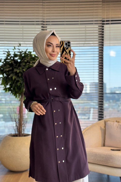 7522 Ön İki Sıra Metal Düğmeli Uzun Tunik Mürdüm