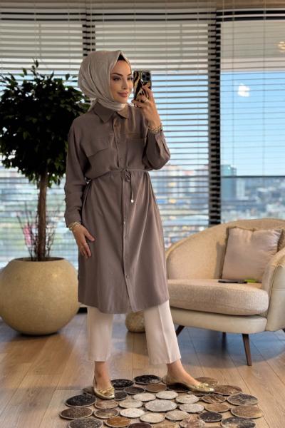 7524 Roba Cep Kapaklı Ve Dikişli Uzun Tunik Vizon