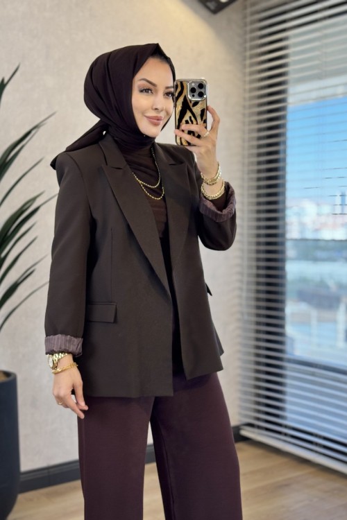 7560 Astarı Çizgili Ceket Kahve