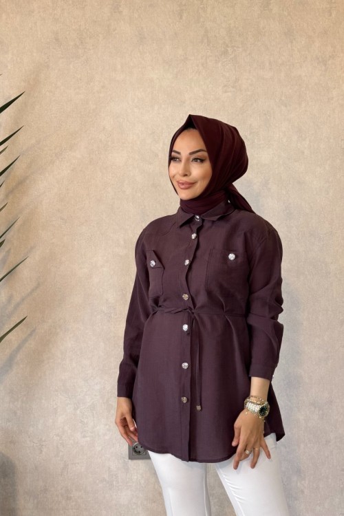 7561 Roba İki Cebli Metal Düğmeli Tunik Mürdüm