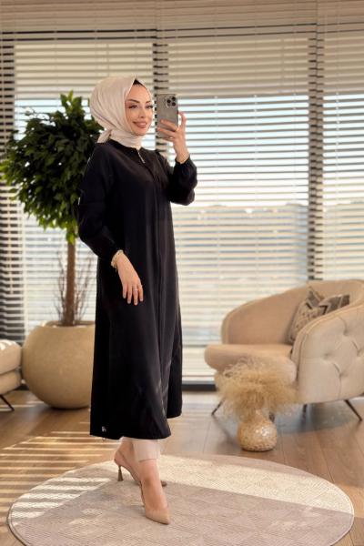 7643 Yakasız Fermuarlı Kap Siyah