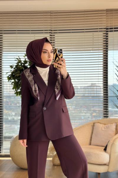 7665 Fular Detaylı Blazer Ceket Mürdüm