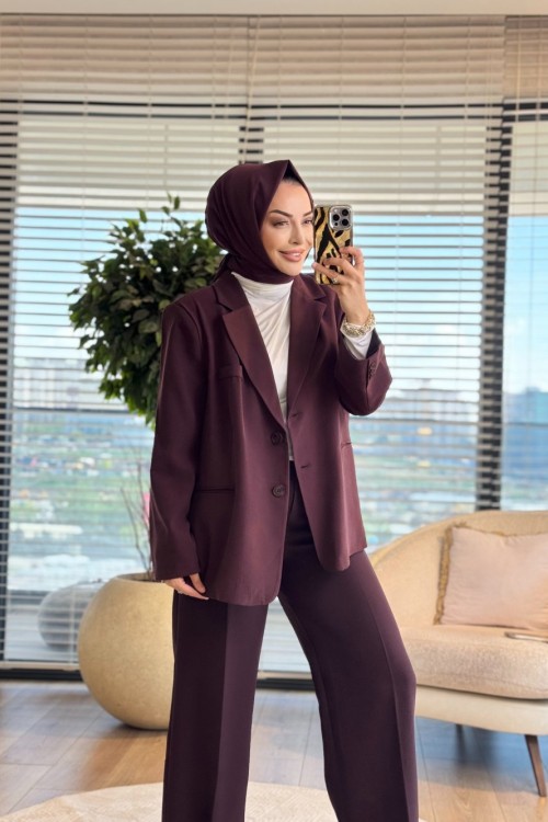 7688 Oversize Yırtmaçlı Ceket Mürdüm
