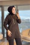 7765 Simli Ve Pullu Triko Tunik Kahve