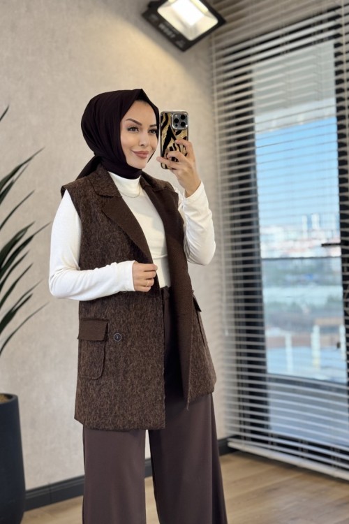 7889 Bukle Dört Düğmeli Yelek Kahve