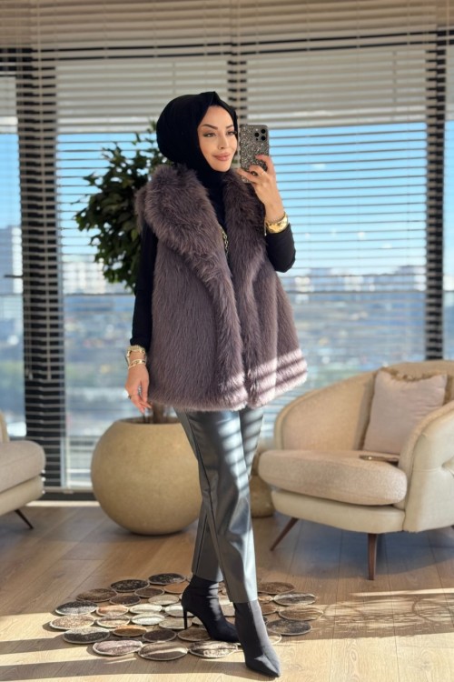 7921 Peluş Yakalı Düğmesiz Yelek Antrasit