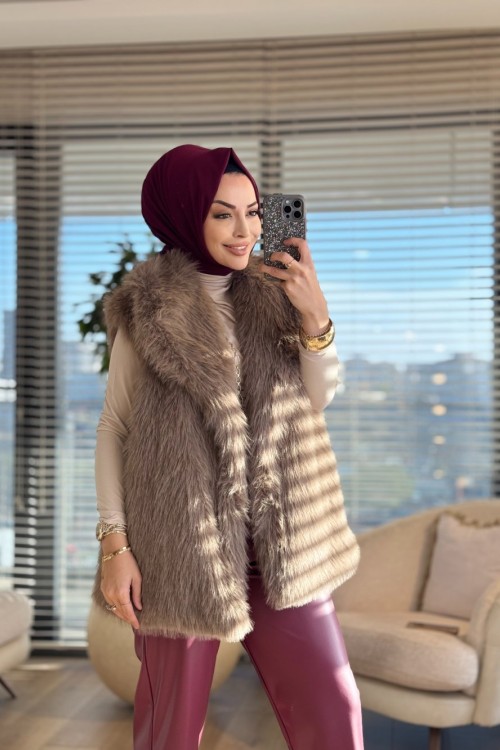 7921 Peluş Yakalı Düğmesiz Yelek Haki
