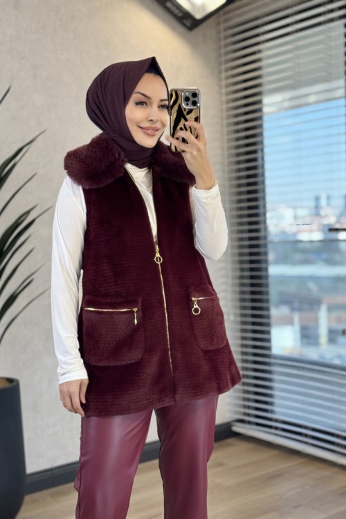 7951 Yaka Kürklü Cebi Fermuarlı Angora Yelek Bordo