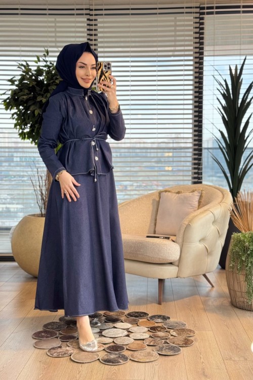 802 Tencel Önü Çiçek Düğme Yakasız Takım Lacivert