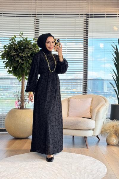 816 Şifon Üstü Kadife Kabartmalı Elbise Siyah
