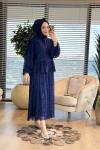 825 Şifon Üstü Kadife Kabartmalı Takım Lacivert