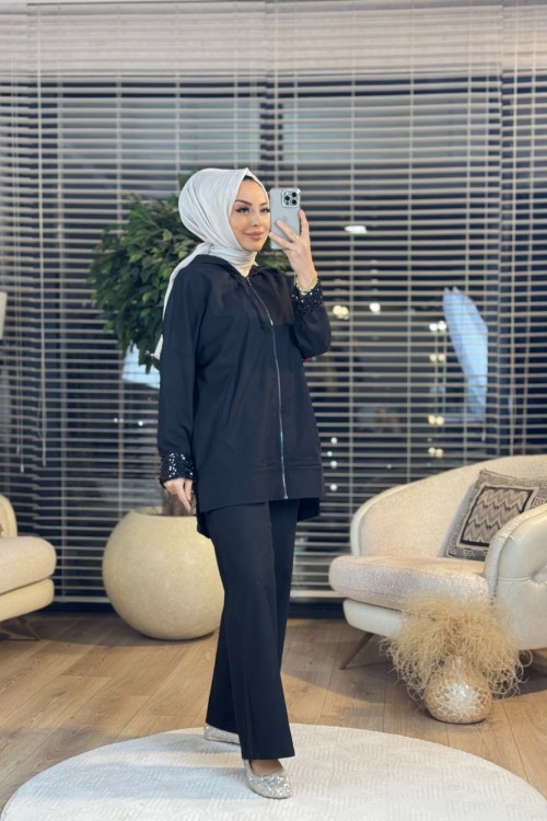 8503 Manşeti Tül Üstü Boncuk İşli Takım Siyah