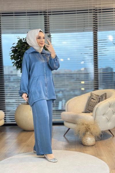 8504 Ön Fermuarlı Kol Manşetli Takım İndigo