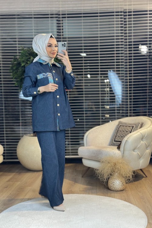 8538 Yaka Ve Cep Kenarı Desenli Takım Lacivert