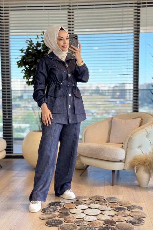 8571 Kot Önü V Dikişli Zımbalı Takım Lacivert